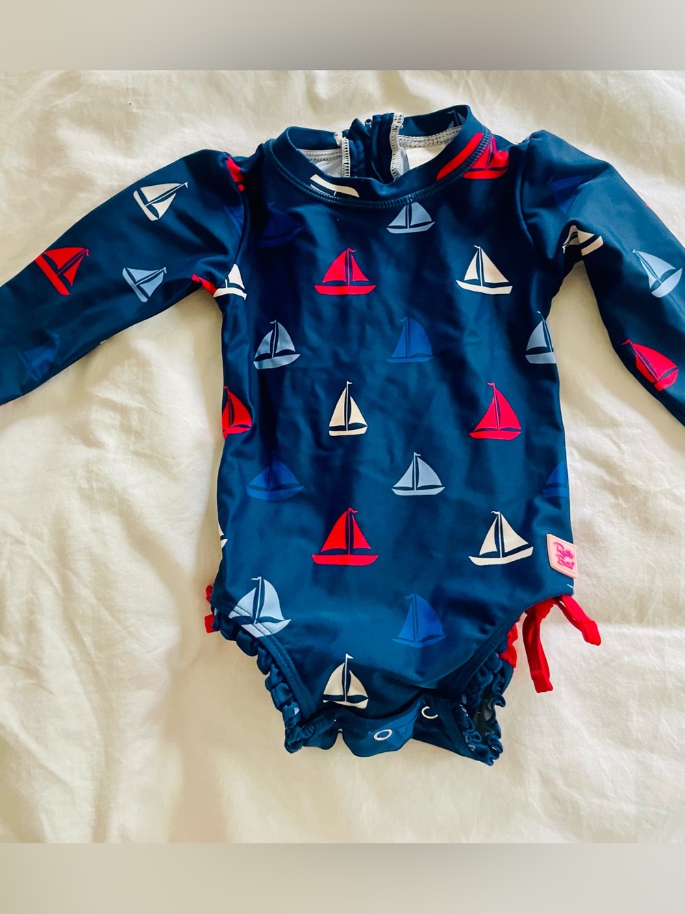 Ruffle butts Navy Sailboat Long Sleeve Baby One-Piece Swimsuit